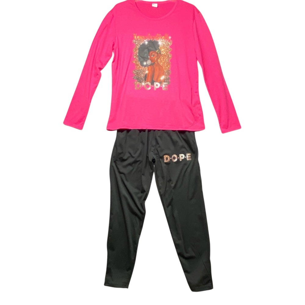Juniors Lounge Set Dope Graphic Print Pink Long Sleeve Top Black Pants Size L